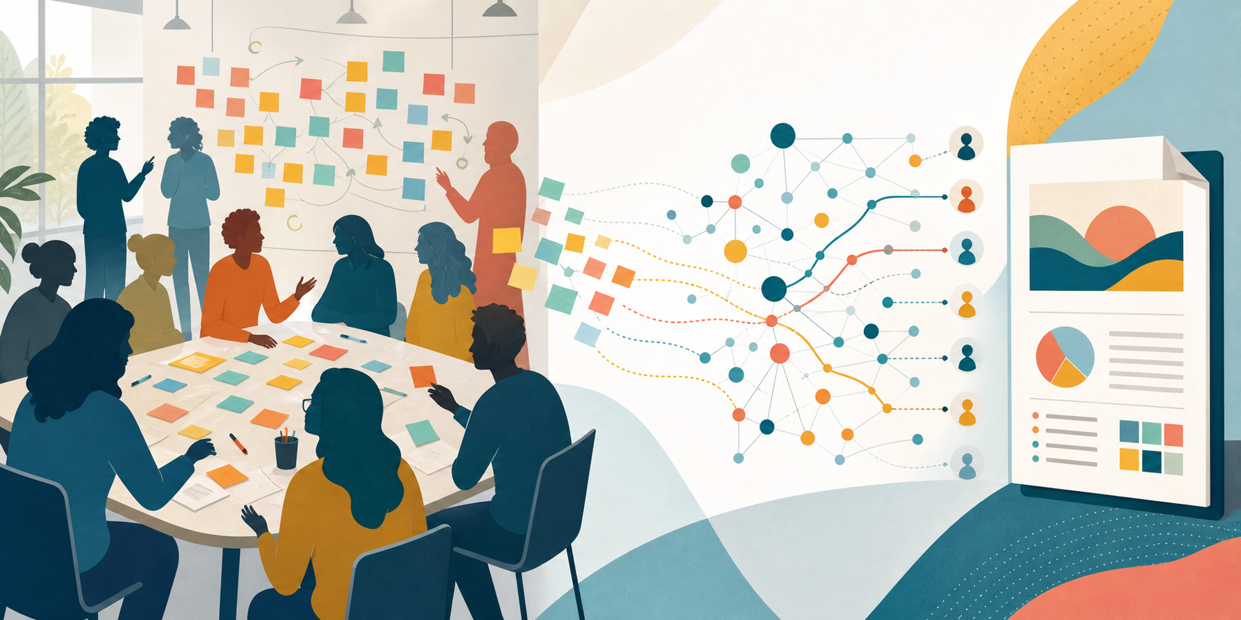 Illustration of participatory design discussion, online voting, and report synthesis